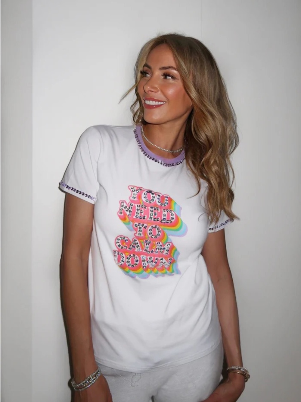 Lola + The Boys White Tee with Rainbow 'You Need To Calm Down' Graphic Size S